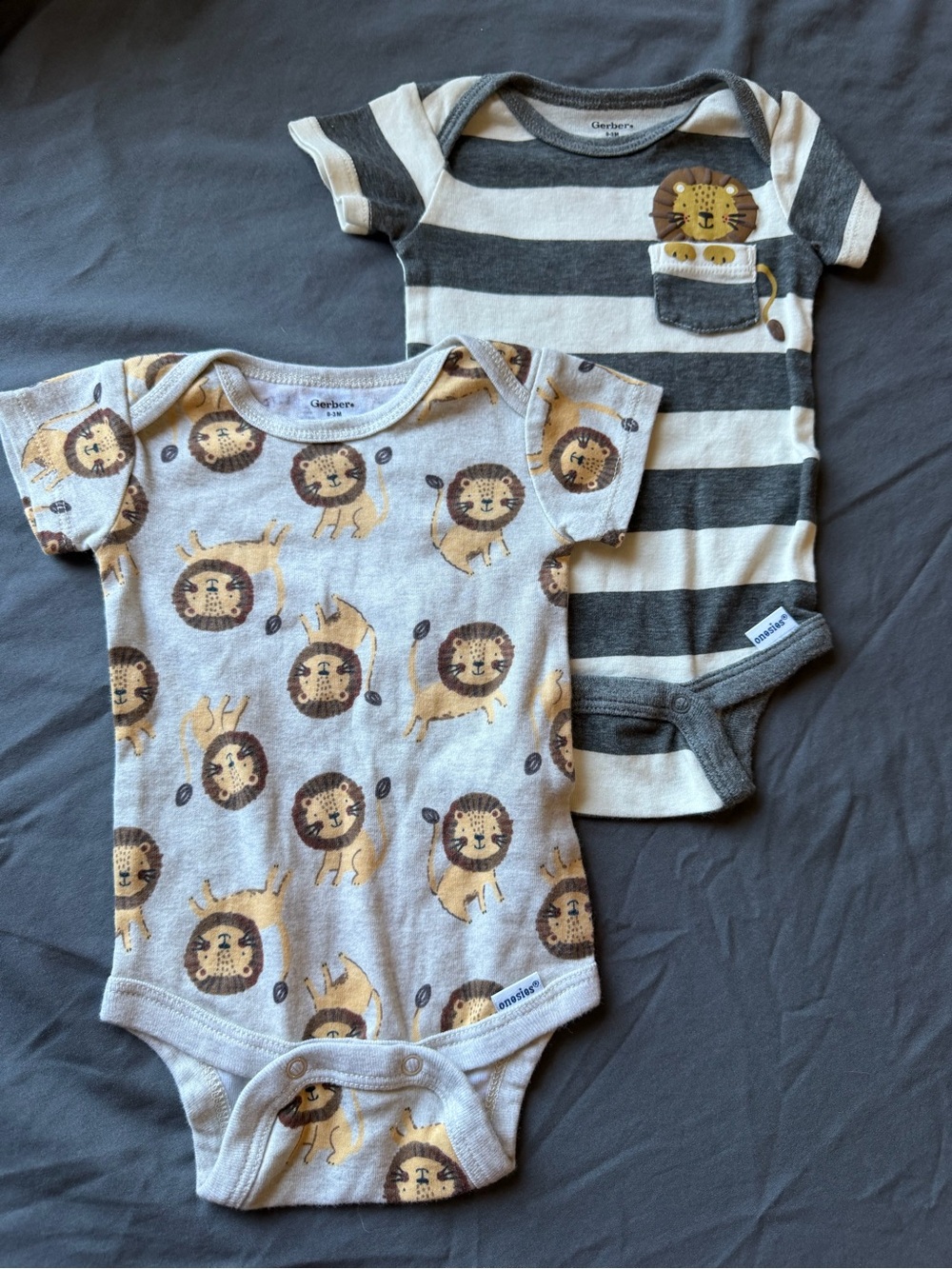 Gerber Gray and Beige Lion Print & Stripe One-Piece Bodysuits